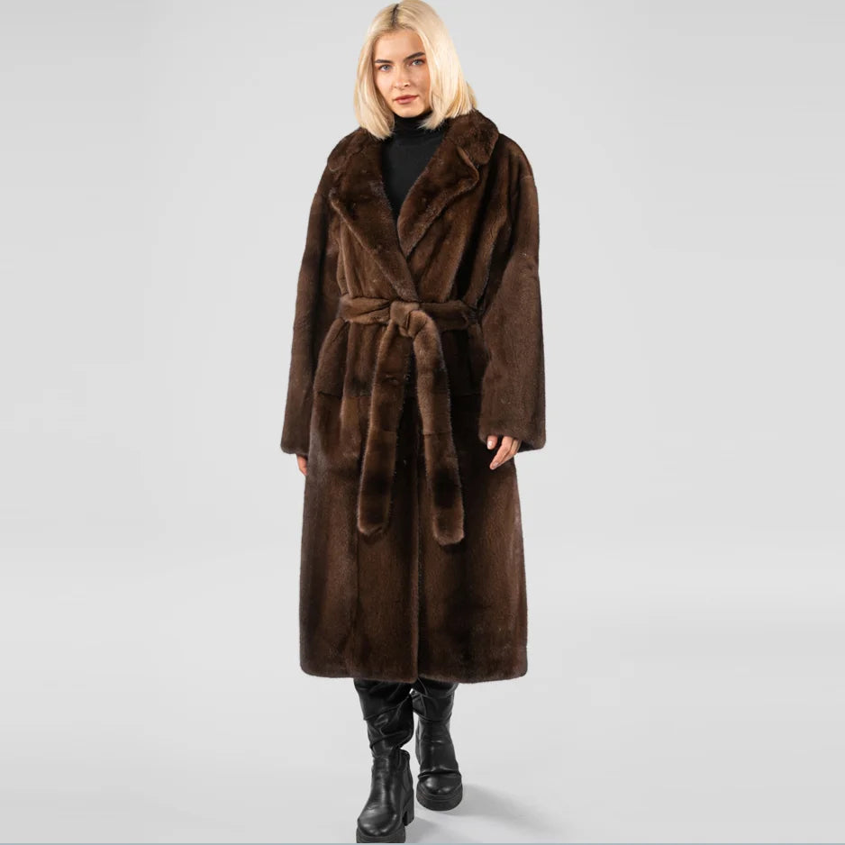 Ladies Real Mink Fur Coat with Belt | Luxury Belted Mink Winter Coat | Vexaroa
