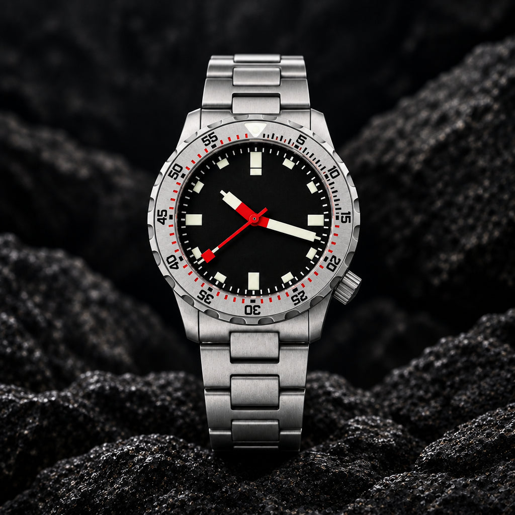 Militado ML20 Automatic Dive Watch in silver stainless steel with a black dial, featuring product specifications and a Swiss BGW9 badge on the left side.