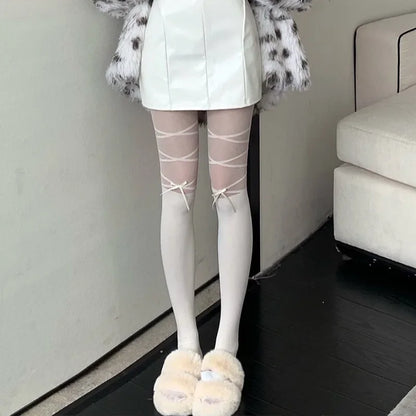 Thin Stockings Women Bowknot Straps  Pantyhose Long Tights Socks Black White Sexy Lingeries for Woman