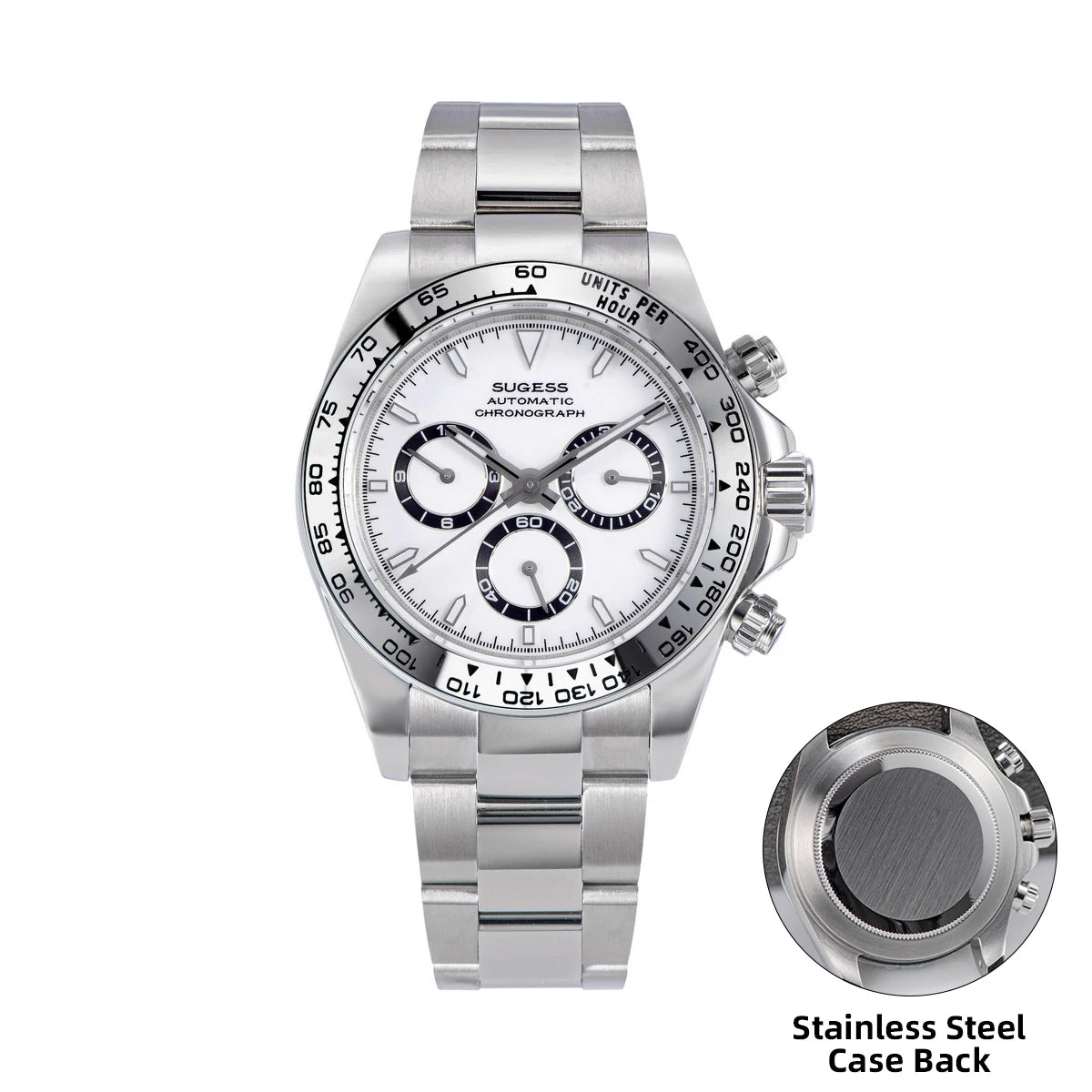 Silver watch with detailed face and stainless steel case back on a white background