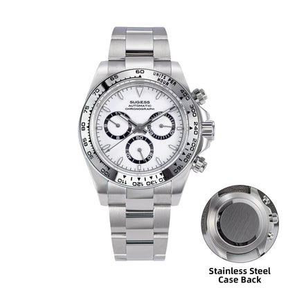 Silver watch with detailed face and stainless steel case back on a white background