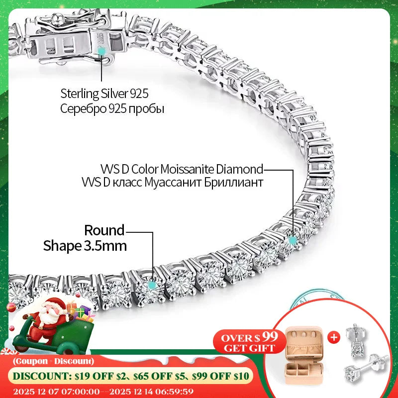 Sterling silver tennis bracelet with round moissanite diamonds, featuring text overlays detailing the 925 sterling silver, WSD color moissanite diamonds, and 3.5mm round shape, set against a white background with a green border and promotional holiday graphics.