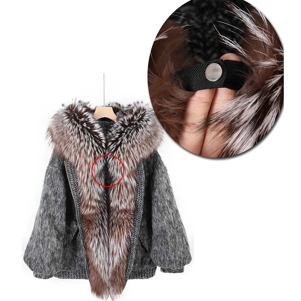 A gray knit jacket with a large brown and white fur collar, shown on a hanger against a white background. A circular inset at the top right shows a close-up of the inner collar detail with a black band and snap, and a red circle highlights a section of the fur collar.