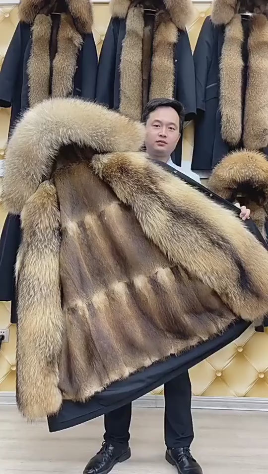 Vexaroa Men's Real Muskrat Fur Parka Long Hooded Winter Jacket with Raccoon Fur Collar