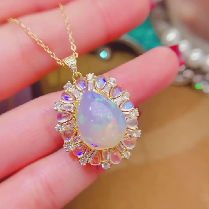 Vexaroa Opal & Moonstone Necklace | 925 Silver Birthstone